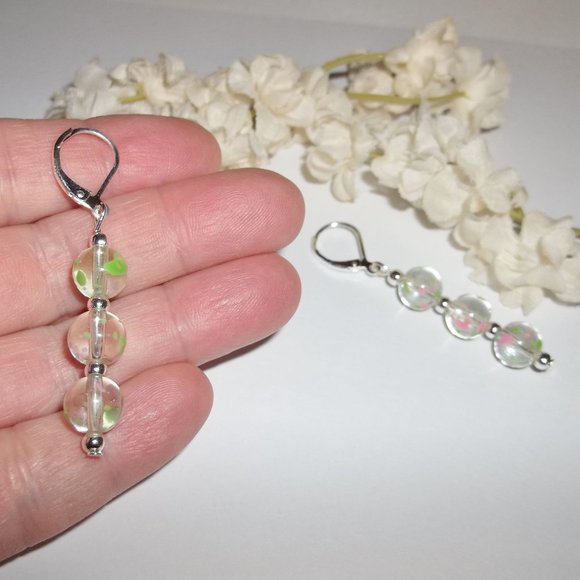 Clear Pink & Green Earring Set Handmade NWT 5146 - Picture 6 of 8